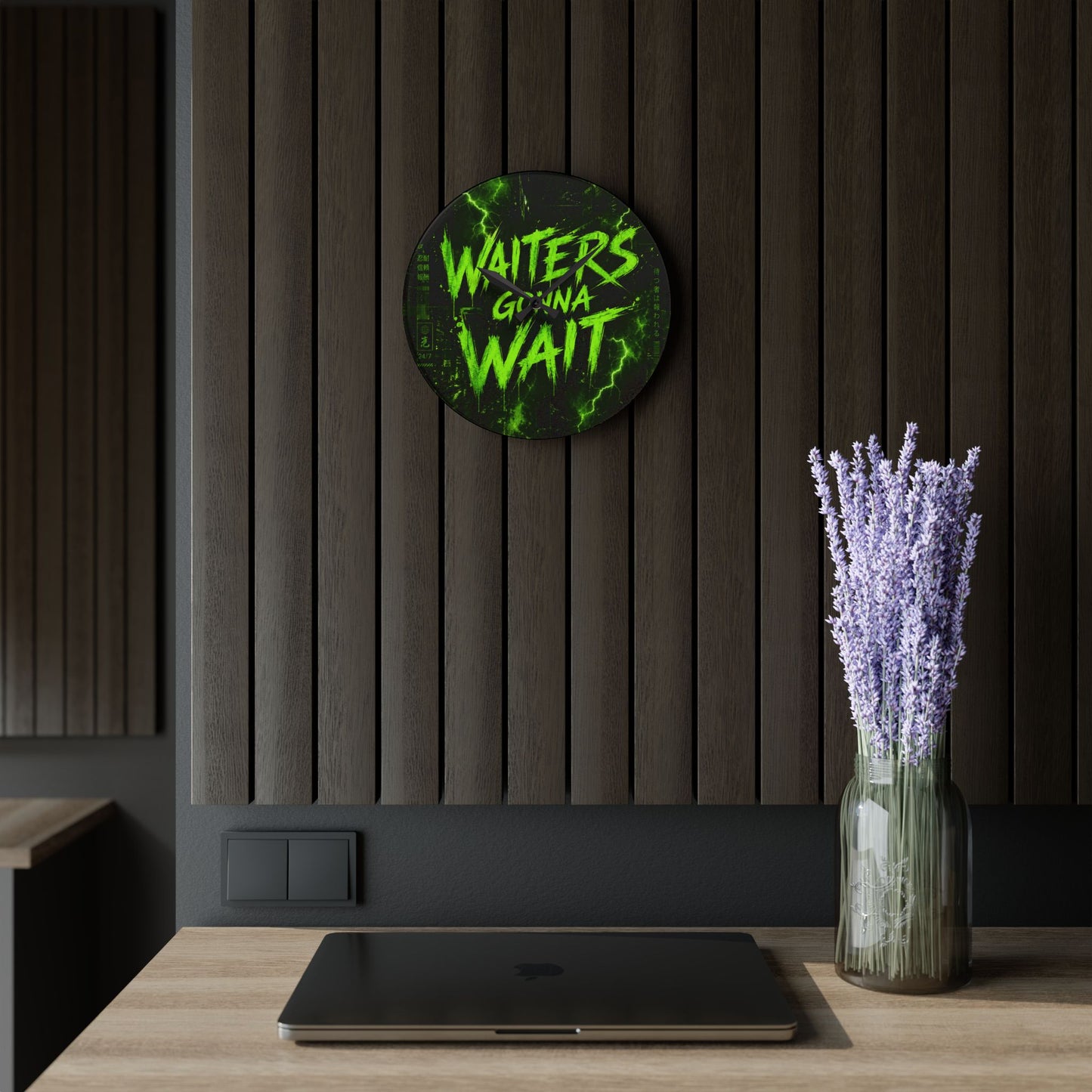 Acrylic Wall Clock — "Waiters Gonna Wait" Neon Green Lightning Decor