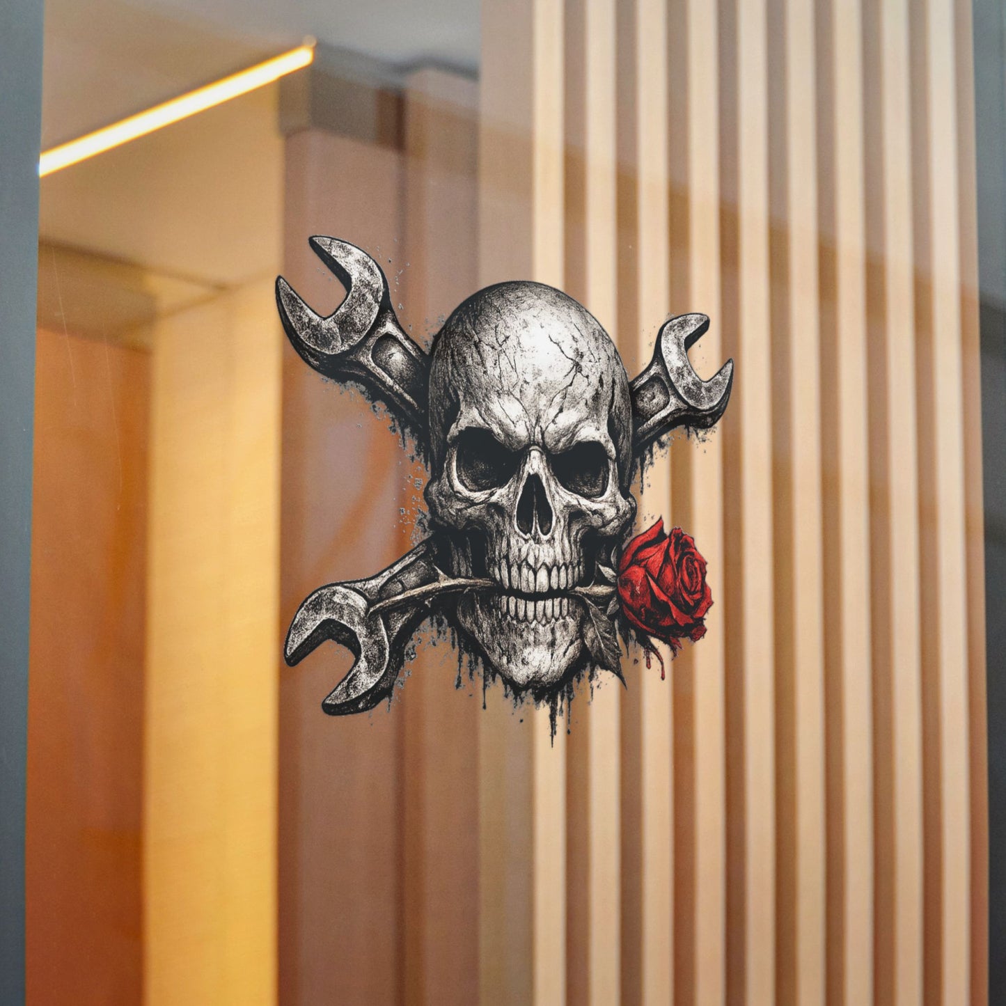 Skull & Wrenches Sticker — Rose in Teeth Die-Cut Sticker