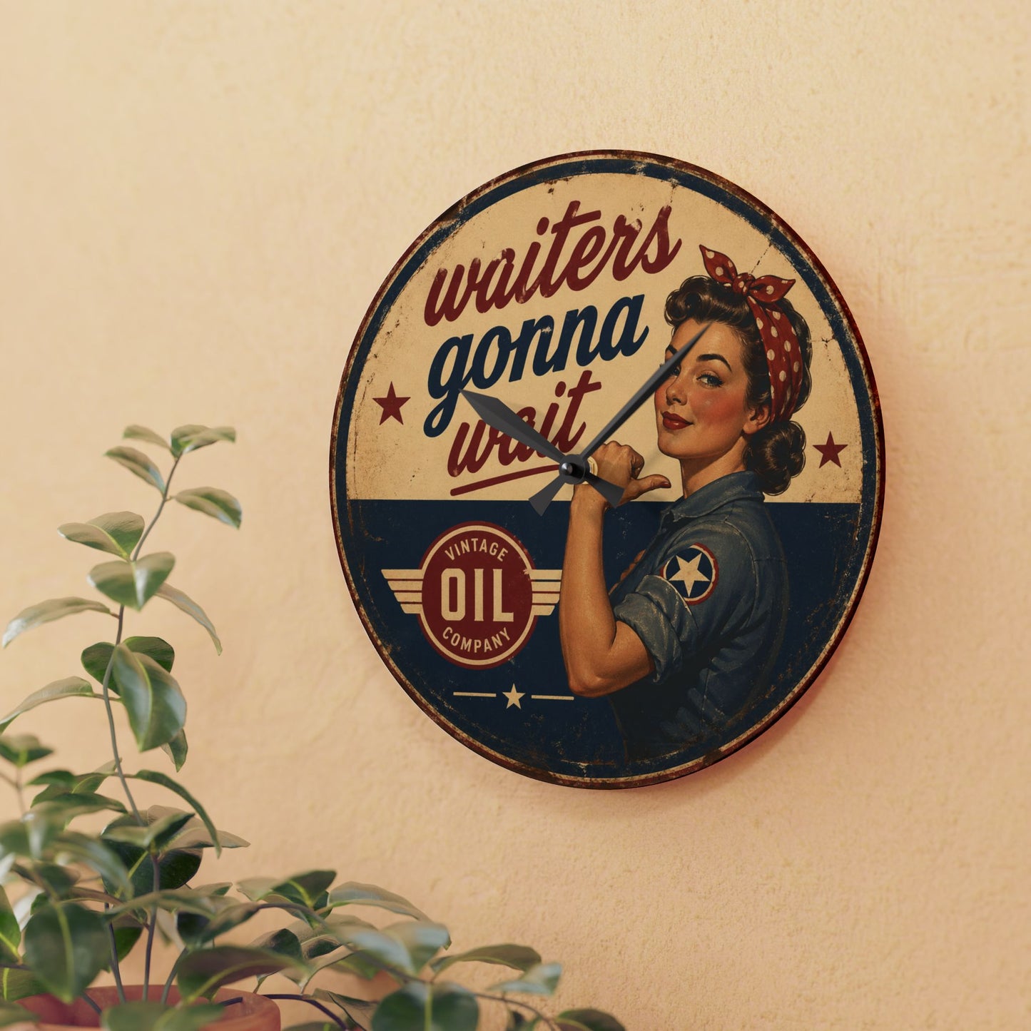 Acrylic Wall Clock — Retro 'Waiters Gonna Wait' Vintage Rosie-Style Diner Clock