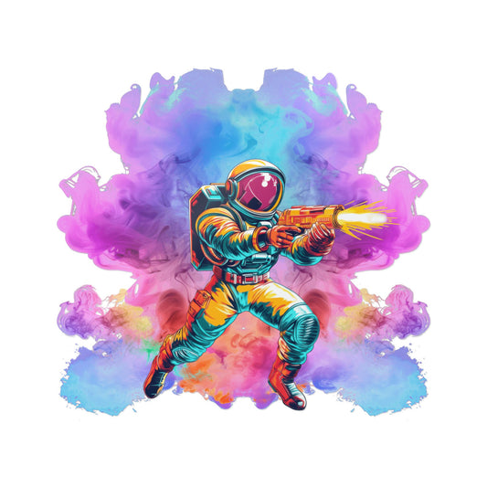 Colorful Astronaut Shooter Die-Cut Sticker — Vibrant Space Vinyl Decal