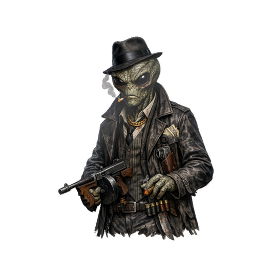 Alien Gangster Die-Cut Sticker — Vintage Mobster Alien with Tommy Gun