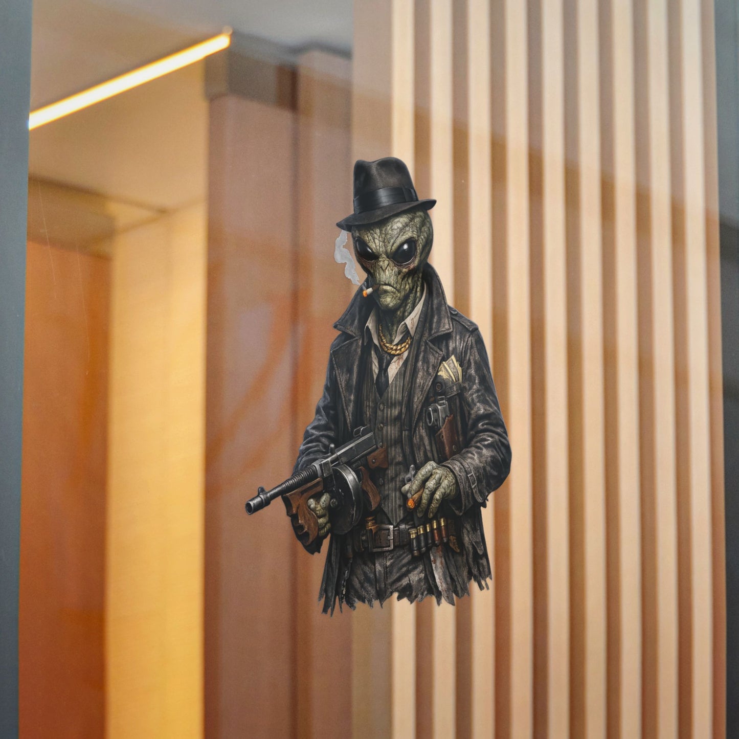 Alien Gangster Die-Cut Sticker — Vintage Mobster Alien with Tommy Gun