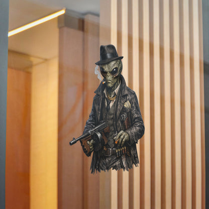 Alien Gangster Die-Cut Sticker — Vintage Mobster Alien with Tommy Gun