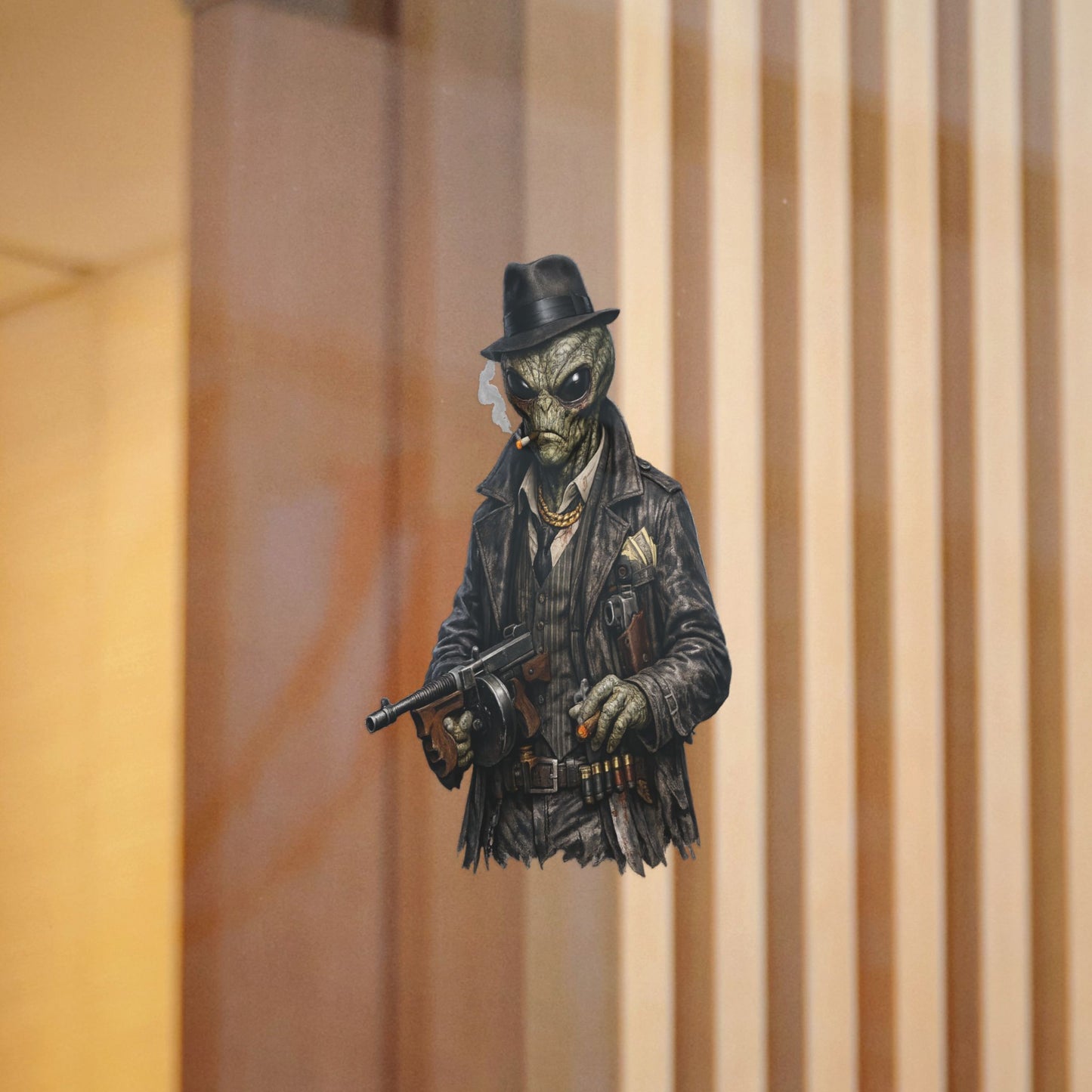 Alien Gangster Die-Cut Sticker — Vintage Mobster Alien with Tommy Gun