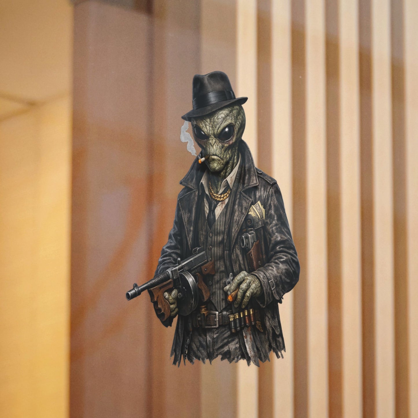 Alien Gangster Die-Cut Sticker — Vintage Mobster Alien with Tommy Gun