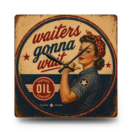 Vintage Rosie 'Waiters Gonna Wait' Acrylic Wall Clock — Retro Diner Decor
