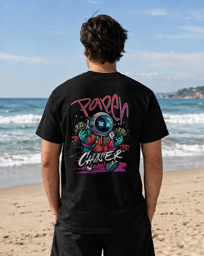 Paper Chaser Tee — Retro Gamer Astronaut Streetwear T‑Shirt