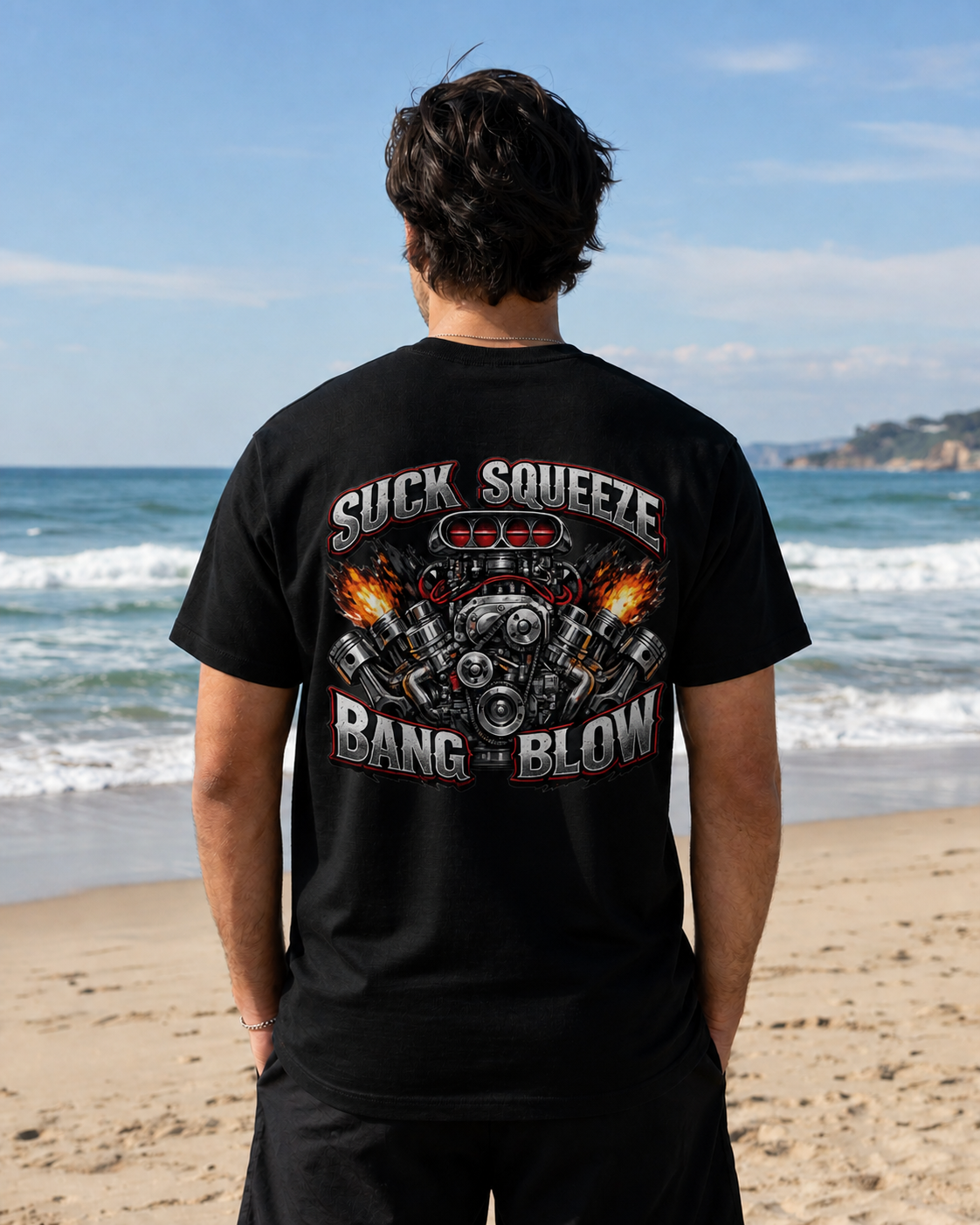 Engine V8 Graphic Tee — "Suck Squeeze Bang Blow"