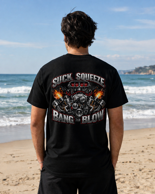 Engine V8 Graphic Tee — "Suck Squeeze Bang Blow"