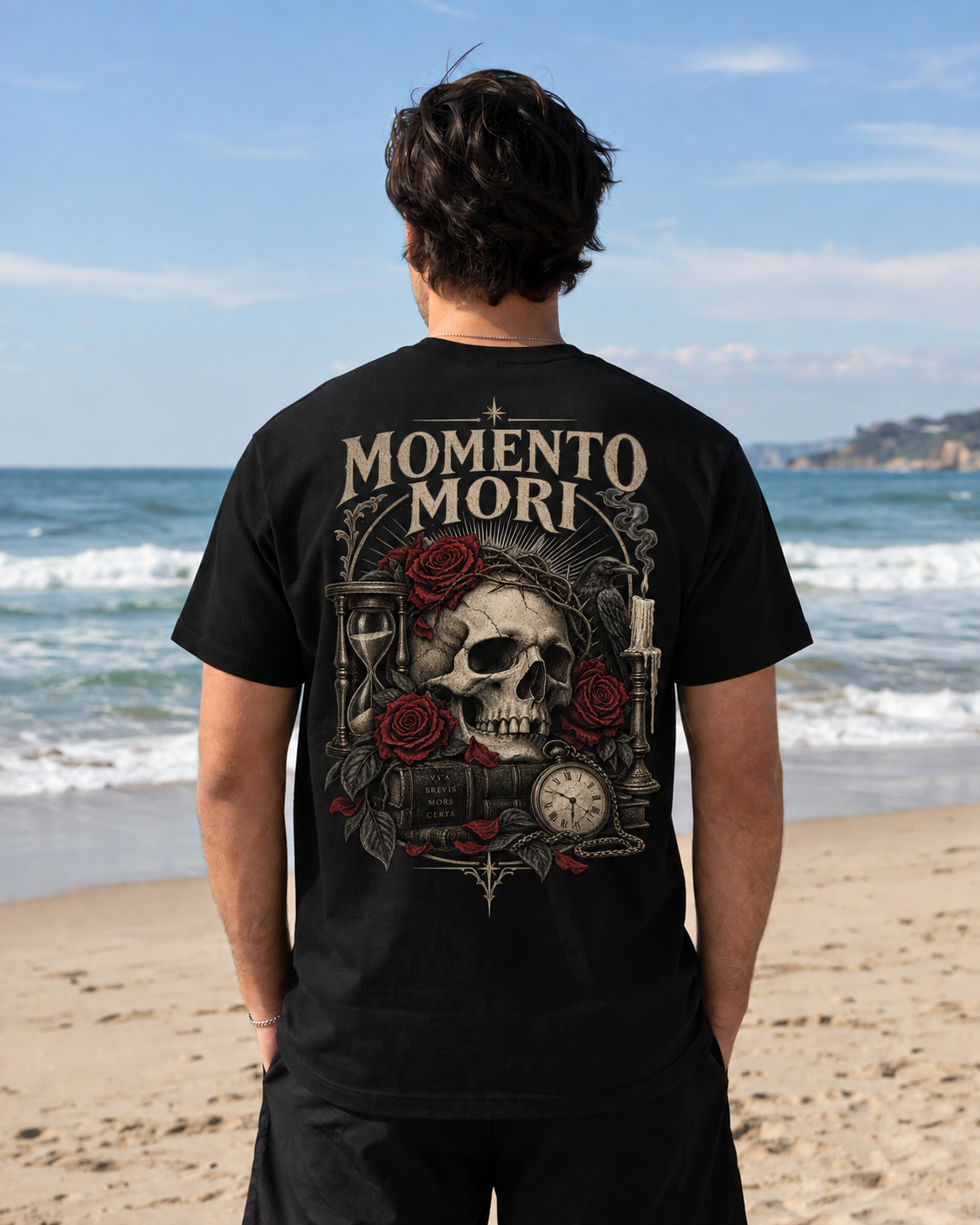 Momento Mori Skull Tee — Gothic Skull, Roses & Hourglass Graphic T-Shirt