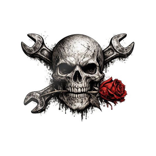Skull & Wrenches Sticker — Rose in Teeth Die-Cut Sticker