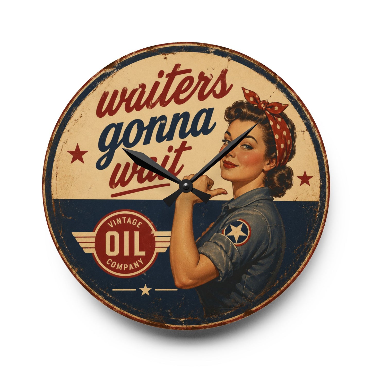 Acrylic Wall Clock — Retro 'Waiters Gonna Wait' Vintage Rosie-Style Diner Clock