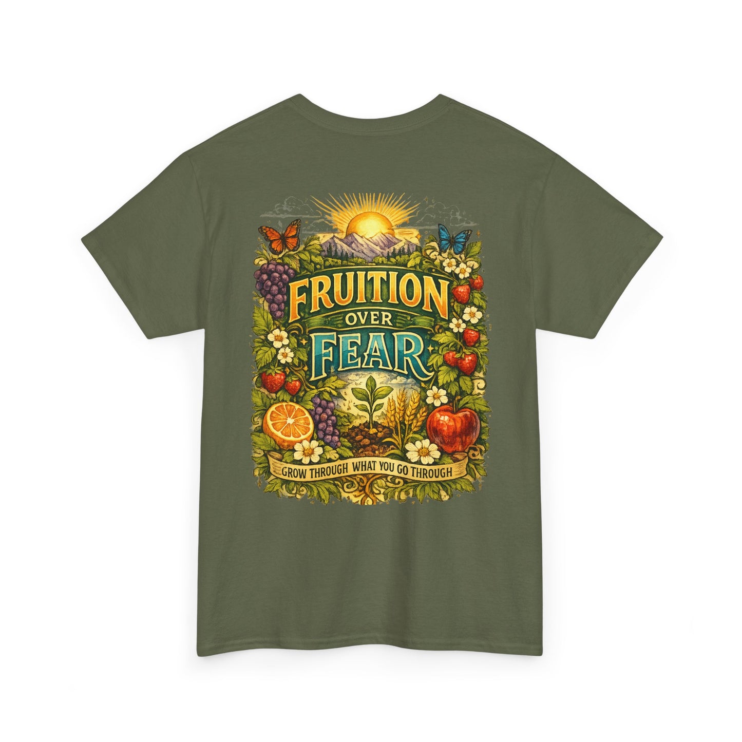 Fruition Over Fear T‑Shirt – Garden Harvest, Sun & Fruit Graphic Tee