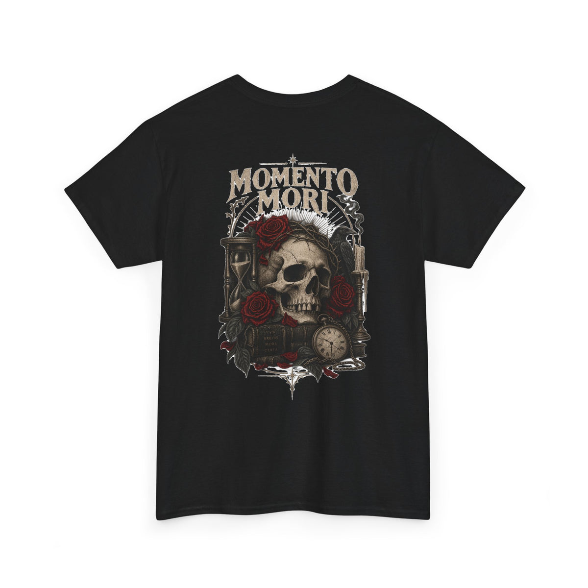 Momento Mori Skull Tee — Gothic Skull, Roses & Hourglass Graphic T-Shirt