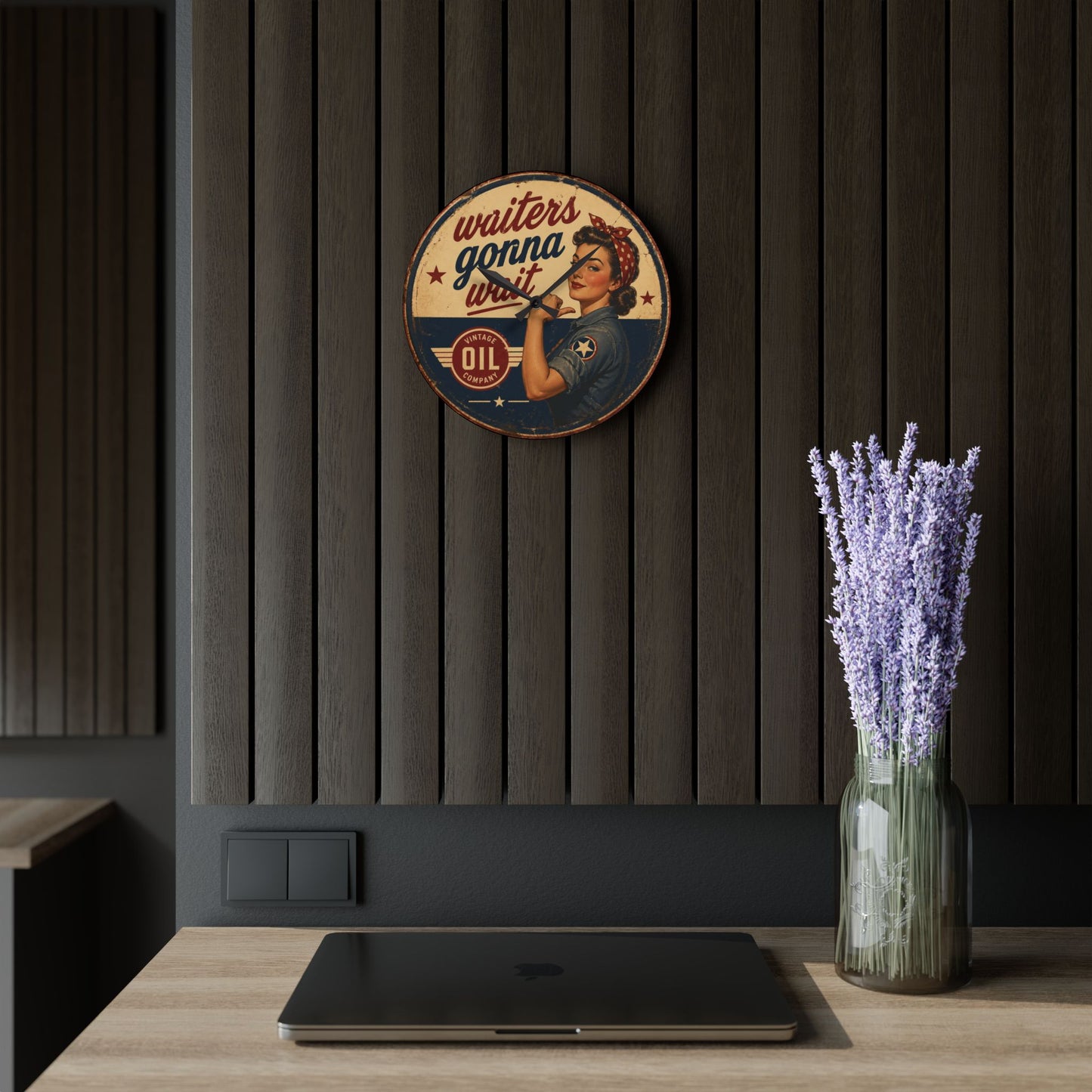Acrylic Wall Clock — Retro 'Waiters Gonna Wait' Vintage Rosie-Style Diner Clock