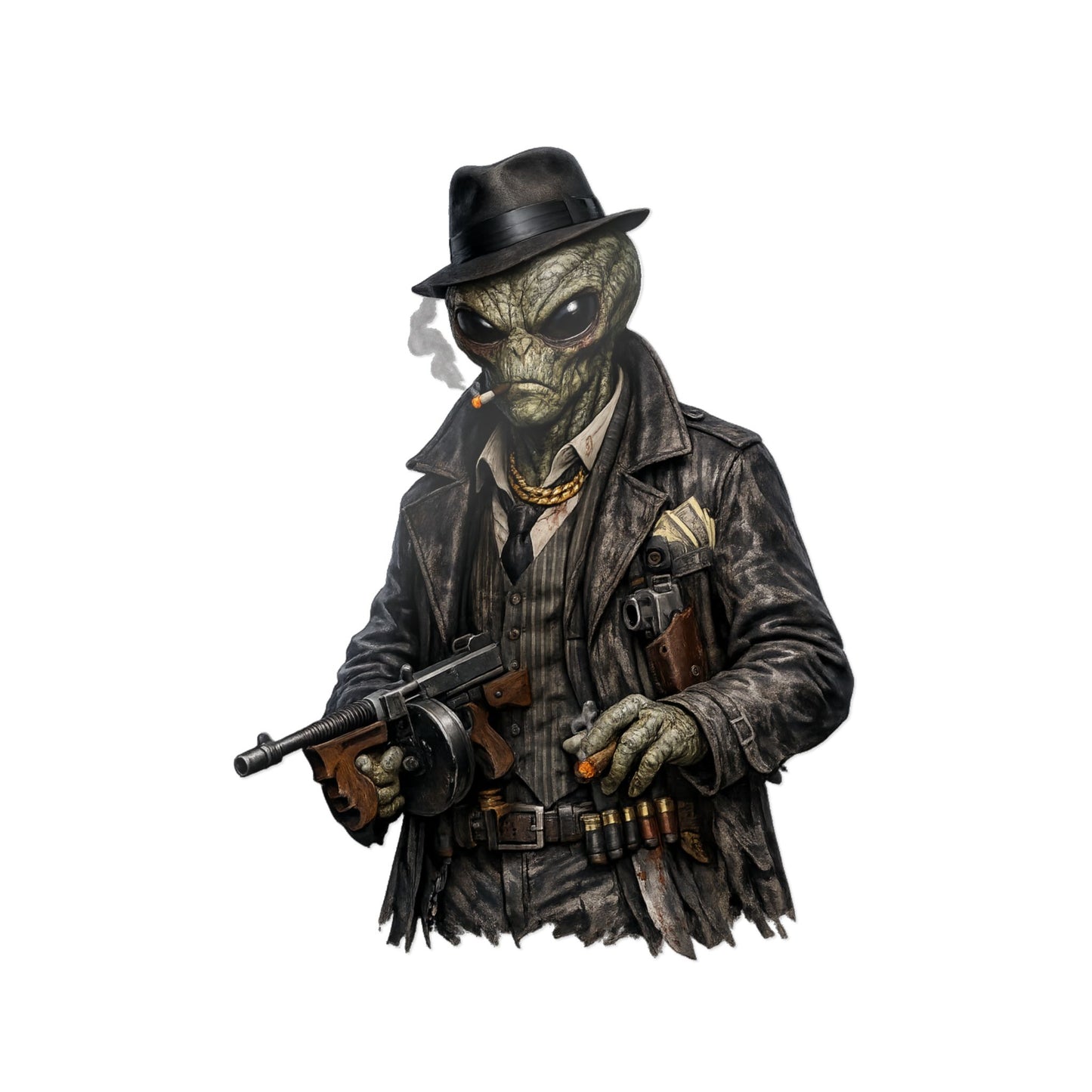 Alien Gangster Die-Cut Sticker — Vintage Mobster Alien with Tommy Gun