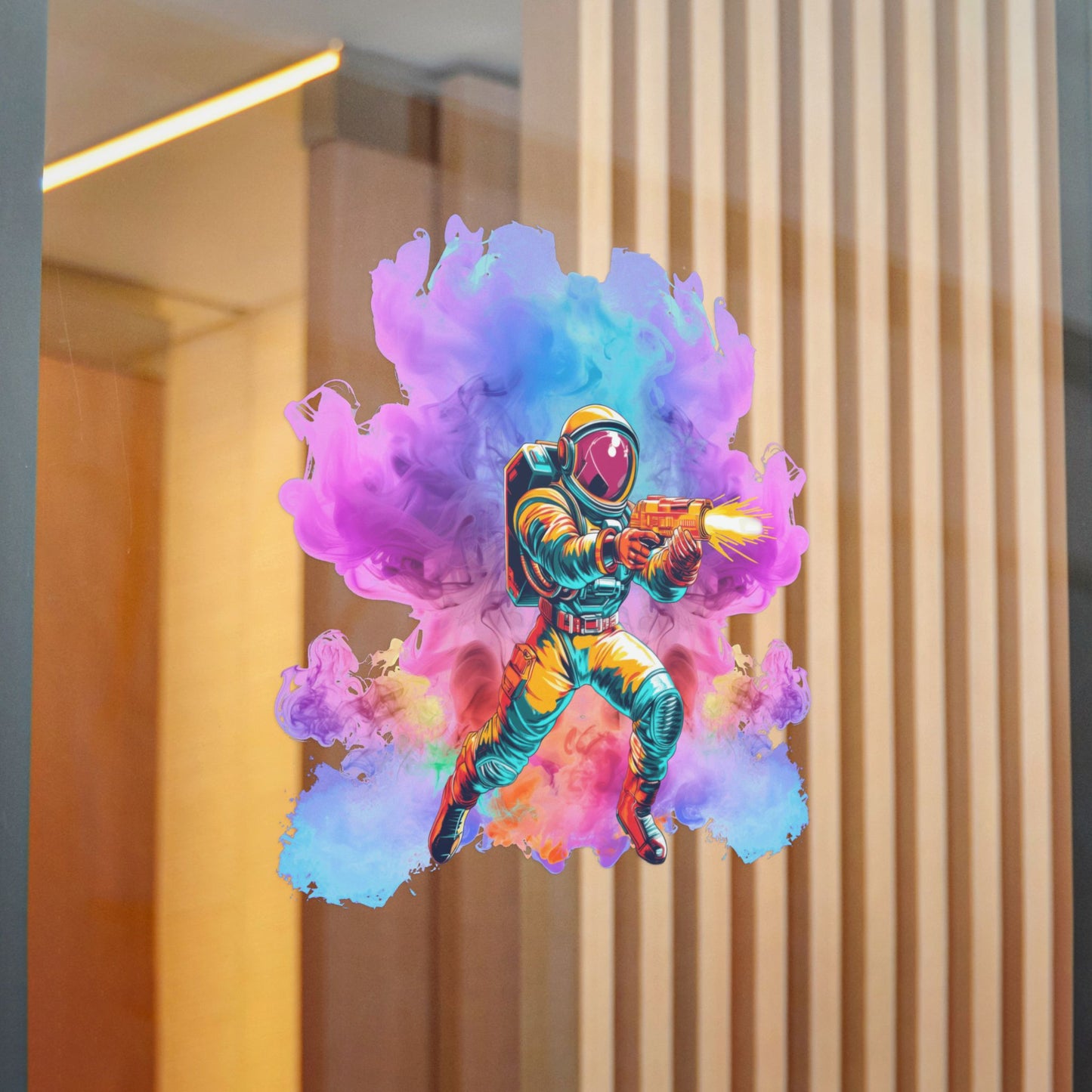 Colorful Astronaut Shooter Die-Cut Sticker — Vibrant Space Vinyl Decal
